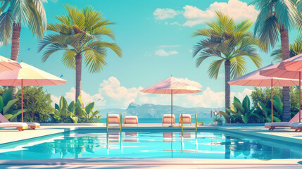 Wall Mural - A swimming pool surrounded by lounge chairs and umbrellas, inviting relaxation and leisure under the sun