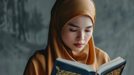 Young Asian Islam woman wearing headscarf is holding holy al quran with close eyes and calm face. Indonesian woman on gray background