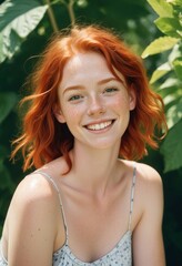 Wall Mural - portrait of a beautiful young girl with red hair, blue eyes and freckles
