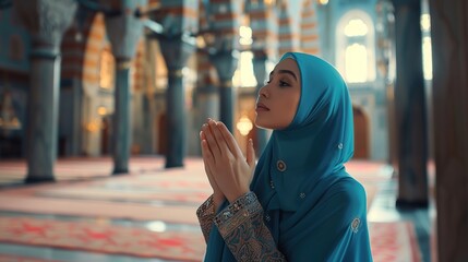 Pretty asian female muslim raising hand and praying inside the mosque