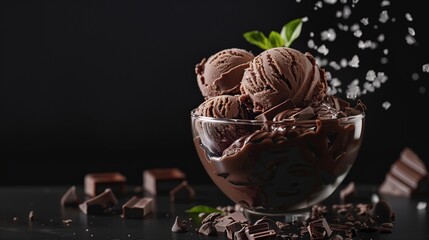 Creative food display with chocolate ice cream on black background