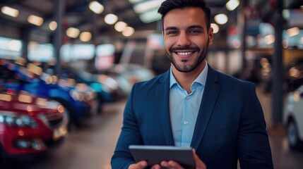 Smiling, friendly handsome man in suit car seller standing in auto salon and using digital tablet to check on new messages customers post on internet, smiling at camera