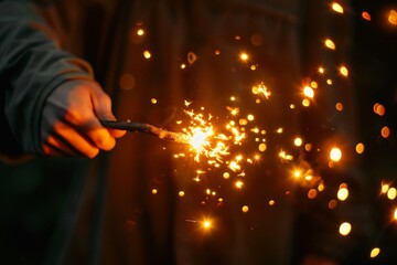 Canvas Print - A wizard-like hand is shown casting a spell with a magic wand, producing bright, fiery sparks in a dark environment