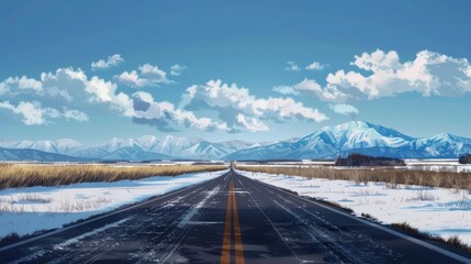 Wall Mural - A long road surrounded by grassland in Hokkaido in winter , Japan japanese animation style , 