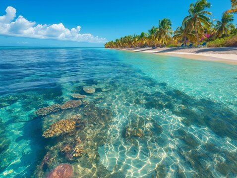 A beautiful blue ocean with a sandy beach and palm trees in the background. The water is clear and calm, and the sky is blue with some clouds. The scene is peaceful and relaxing
