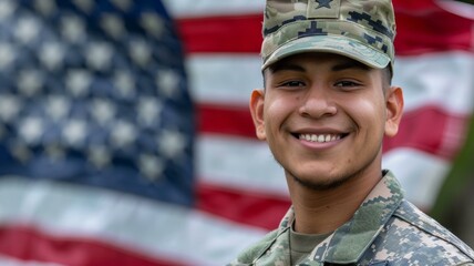 Wall Mural - Smiling young soldier in uniform standing in front of American flag, representing patriotism and military service