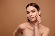 © Beauty Hero - Photo of dreamy shiny lady wear nothing arm cheek looking pimples empty space isolated brown color background