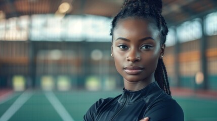 Poster - Sportswoman or athlete. Background with selective focus and copy space