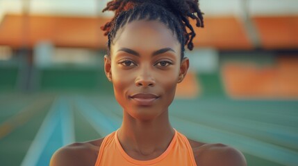 Poster - Sportswoman or athlete. Background with selective focus and copy space