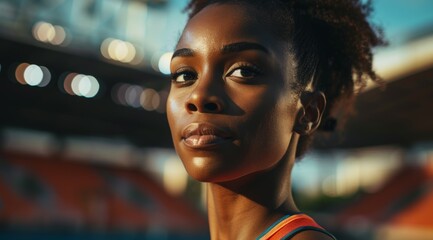 Poster - Sportswoman or athlete. Background with selective focus and copy space