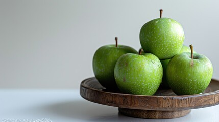 Wall Mural - Green Apples on Wood Stand Against White Backdrop
