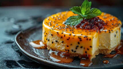 Wall Mural - passion fruit cheesecake with tangy sauce for an exotic dessert a delicious concept