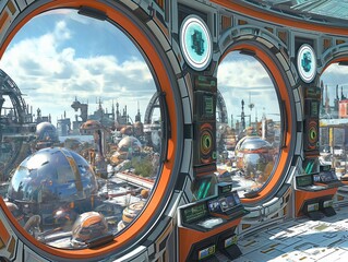 Wall Mural - A futuristic city with orange and white buildings and a large dome in the center. The city is filled with many different types of buildings, including a large space station