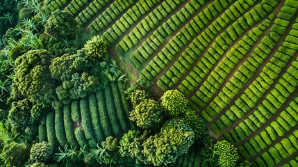 Sticker - Aerial view of lush green plantation fields. The lines of crops create a beautiful pattern. Ideal for agricultural and environmental concepts. Nature from above. AI