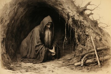 Canvas Print - A mysterious and enigmatic hermit, dwelling in solitude and possessing ancient wisdom. - Generative AI
