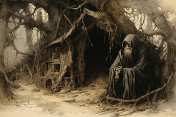 Canvas Print - A mysterious and enigmatic hermit, dwelling in solitude and possessing ancient wisdom. - Generative AI