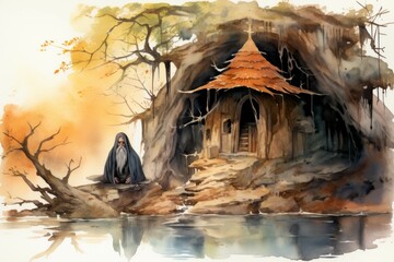 Canvas Print - A mysterious and enigmatic hermit, dwelling in solitude and possessing ancient wisdom. - Generative AI