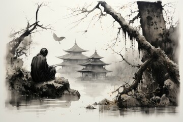 Canvas Print - A mysterious and enigmatic hermit, dwelling in solitude and possessing ancient wisdom. - Generative AI