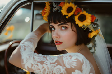 young bride with short black hair and sunflower crown in a vintage car, summer wedding, 70's style t