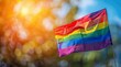 © Space Priest - Rainbow flag at the LGBT parade. Background with selective focus and copy space