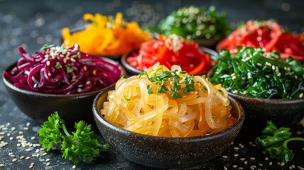 Wall Mural - vibrant kelp noodles displayed on a plate with a superfood theme, creating an appealing background with space for text