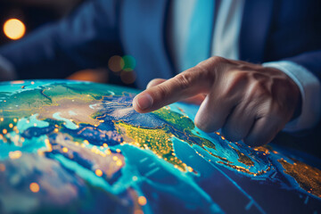Wall Mural - World in hand of finance, businessman pointing Asia on earth globe map, business strategy