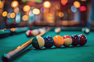 Closeup of billiard balls and pool sticks on a green table, with a blurred background of a game hall. A stock photo contest winning image, with high resolution, detail, and quality.