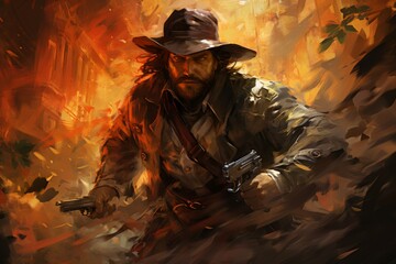 Wall Mural - A skilled and ruthless bounty hunter, relentless in their pursuit of targets and apprehending fugitives. - Generative AI