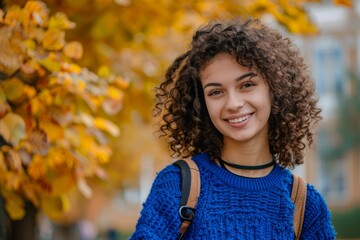 Wall Mural - Young female student goes to class, back to study concept. Background with selective focus and copy space