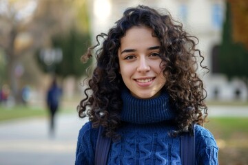 Wall Mural - Young female student goes to class, back to study concept. Background with selective focus and copy space