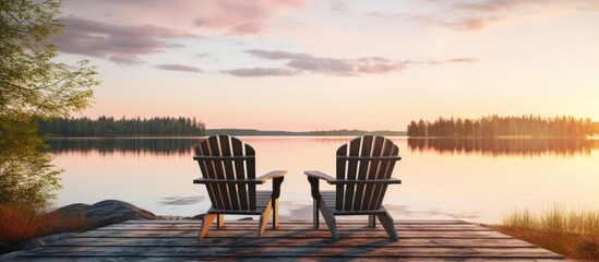 Wall Mural - Two Adirondack chairs on a wooden dock overlooking a calm lake.