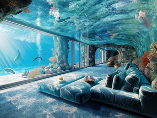 Wall Mural - A large room with a blue ocean theme. The walls are covered in blue tiles and the floor is carpeted. There is a large couch with pillows and a coffee table in the middle of the room