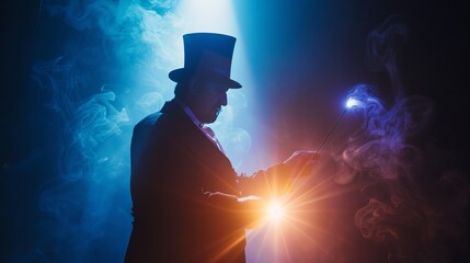 Magician with a top hat performs a trick with a magic wand and glowing light. The magic show features a magician or wizard in a top hat and a shining magic wand.