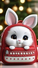 Wall Mural - A cute white rabbit is sitting on a red backpack. The backpack has a star design on it