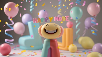 Wall Mural - A happy mode is a toy that has balloons and confetti, AI