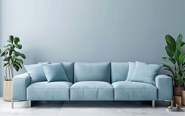 Modern interior design of living room with light blue sofa and copy space wall mock up background