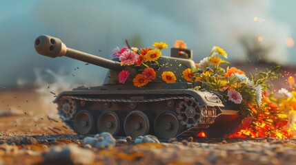 Toy tank fires a bouquet of flowers. Peace concept background 3D Rendering