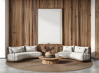 Modern interior design, wooden wall with vertical slats and two sofas in beige tones on the floor, 