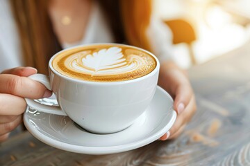 Young woman enjoying morning coffee in a cafe with fresh brew on blurred background, space for text