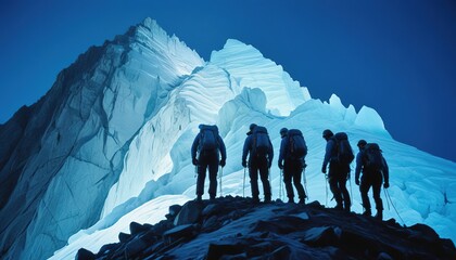 Wall Mural - group of people on a mountain peak helping team members climb to the top