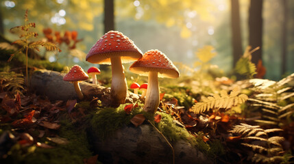 Three red mushrooms are on a rock in a forest