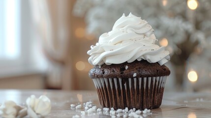 Sticker - Chocolate cupcake topped with whipped cream on a table