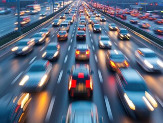 A busy highway with many cars on it. The cars are moving fast and the lights are on