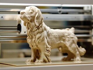 Wall Mural - A wooden dog is being printed out of a 3D printer. The dog is standing on a white surface and he is a large breed. Concept of technology and innovation