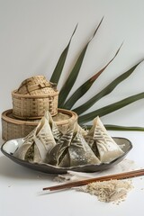 Wall Mural - dragon boat festival dumplings in white background , chinese traditional food, chinese traditional festival ，duan wu festival，Glutinous rice ball, zongzi
