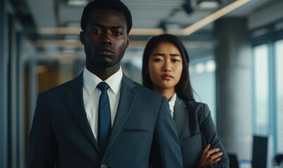 Wall Mural - group of multiethnic business people standing in the office, a young black man and asian woman wearing suits in a portrait