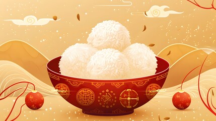 Wall Mural - Tangyuan rice balls. Red bowl icon with food on a gold background. Traditional Asian cuisine. Happy dragon boat festival with cute rice dumplings.
