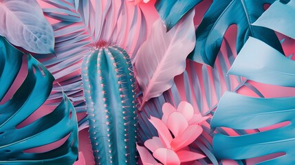 Wall Mural - Tropical leaves and cactus in bright creative pink and blue colors. Minimalistic background concept art.