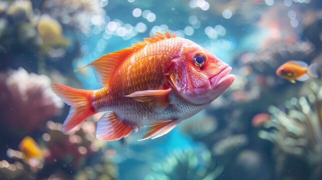 Closeup of a red fish swimming in an aquarium