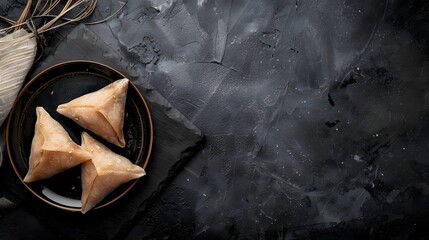 Zongzi - Close up, copy space, top view, flat lay. Famous asian chinese tasty handmade food in duan wu event, steamed rice dumplings shaped like pyramidal ingredient on black slate
